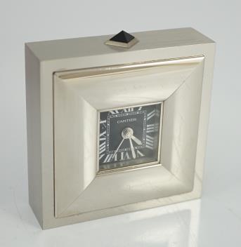 A Cartier Stainless Steel Alarm Desk Clock with Box & Cert. stainless steel alarm desk clock with box & cert.